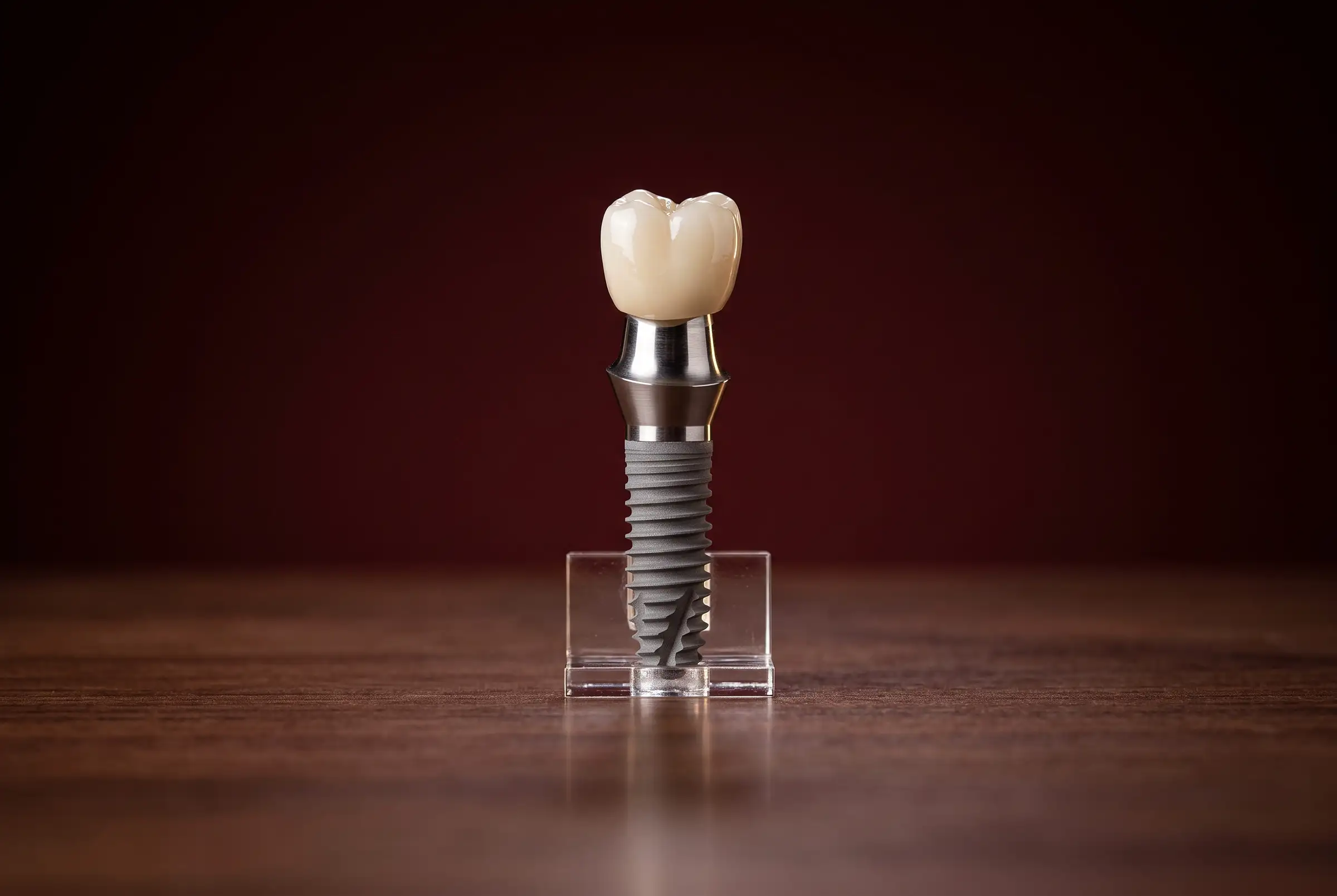 Um implante dentário montado, de pé em um suporte de acrílico: o implante de titânio, o pilar e a coroa de cerâmica