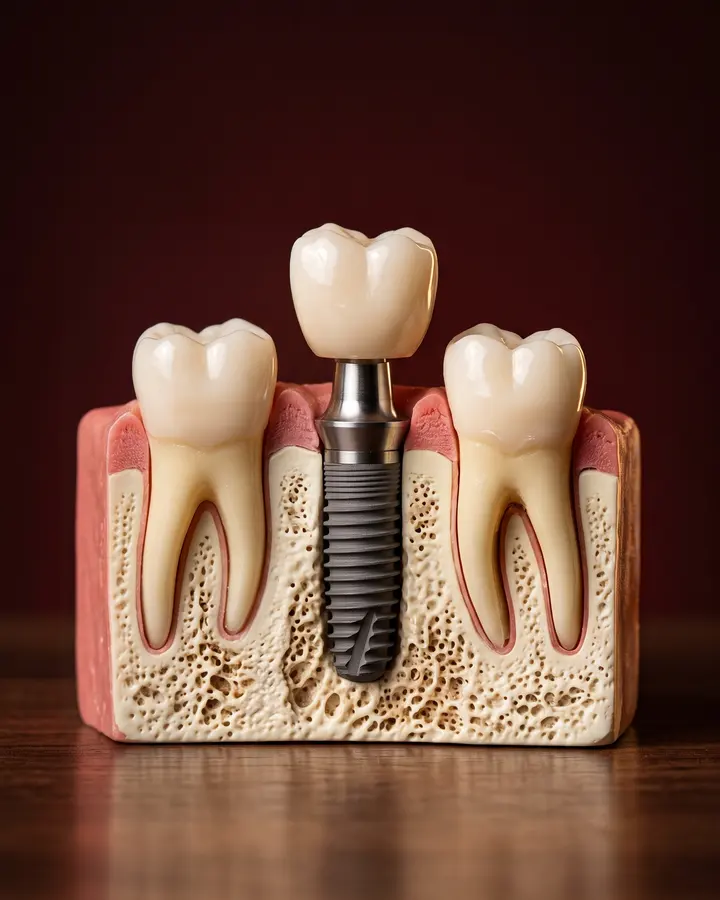 Modelo didático de implante dentário: a coroa sobre o pilar, e o implante de titânio preso no osso entre dois dentes naturais