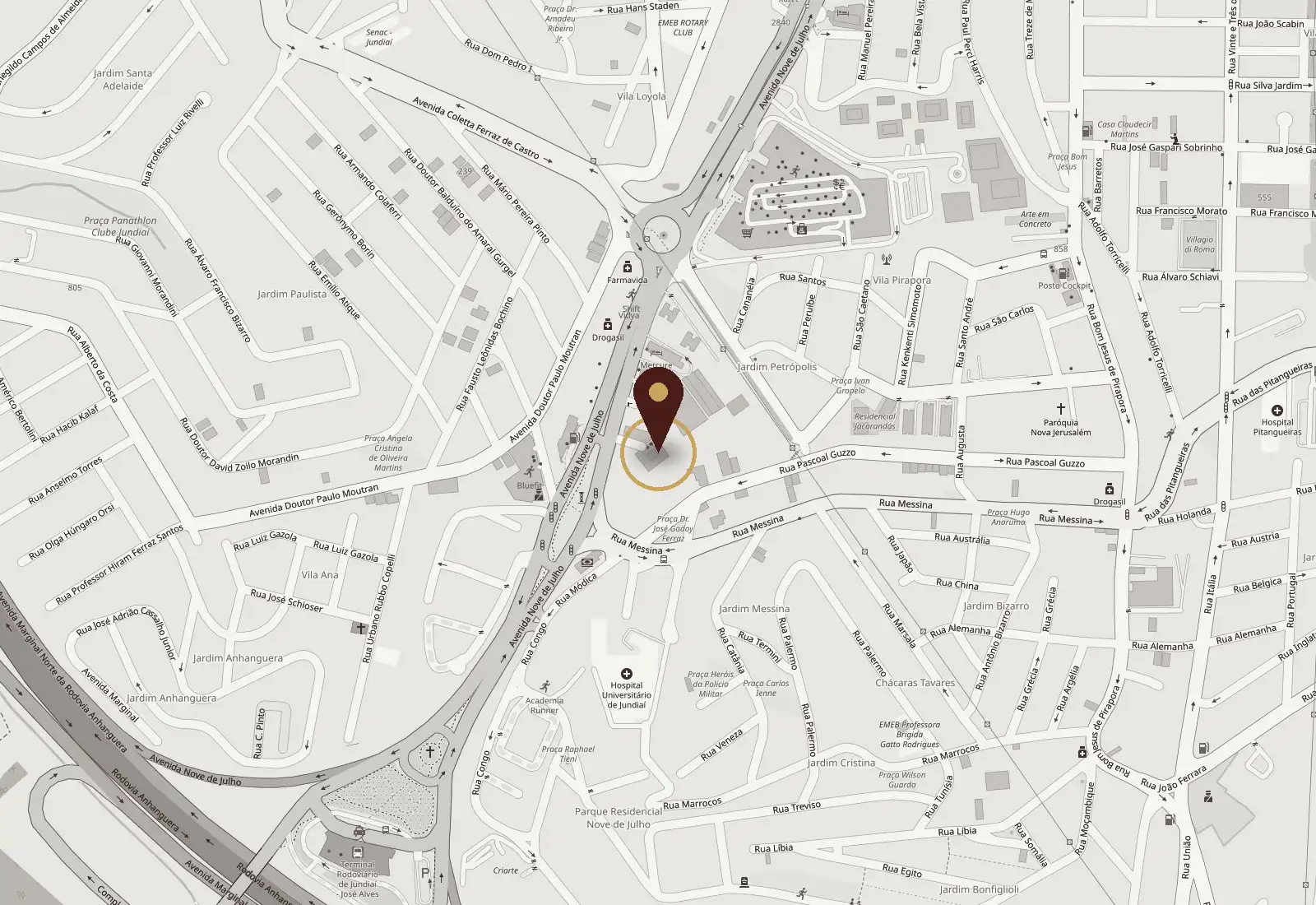 Mapa do entorno do Maxime Office Tower, na Av. 9 de Julho, em Jundiaí, com o consultório marcado. Abre no Google Maps.